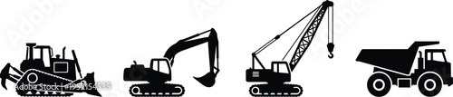 Construction Vehicles Icons Set Vector Flat Illustration of Bulldozer Excavator Crane and Dump Truck Symbols