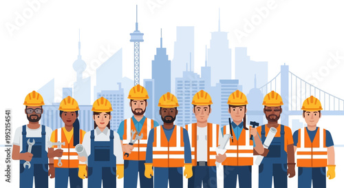 Illustration of a diverse group of construction workers standing in front of a city skyline with a bridge.