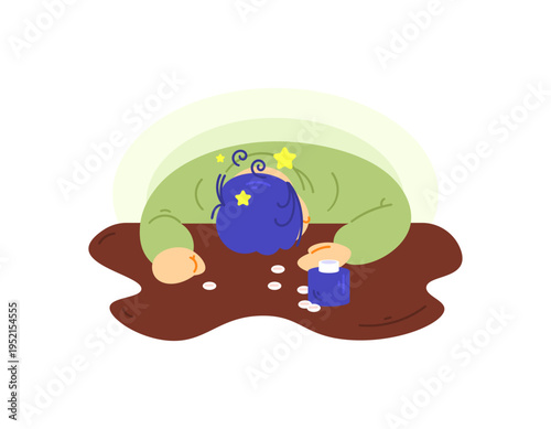 Illustration of a man who fainted on a table due to a drug overdose. Unconscious due to taking the wrong medication or taking illegal drugs. Consuming too much medication. Flat style character