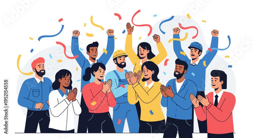 Diverse group of people celebrating with raised arms and confetti in a colorful illustration with a joyful mood on a white background.