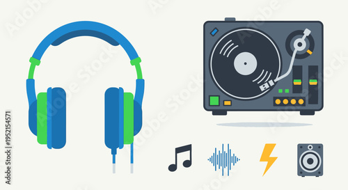 Headphones and DJ turntable equipment.