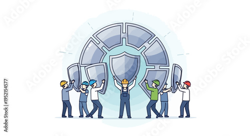 Flat illustration of diverse team members holding up large screen displays around a shield in a blue-toned, futuristic setting with a sense of security and cooperation.
