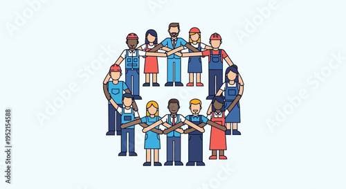 Illustration of a diverse group of people standing in two circles, holding hands in a symbol of unity and teamwork against a light blue background.