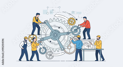 Illustration of workers in safety gear assembling and adjusting large mechanical gears and cogs on a clean white background with a technical and industrial mood.