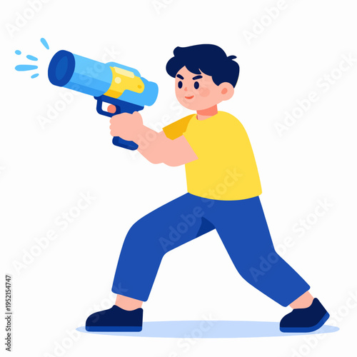 Full length profile of a happy young East Asian boy playing with a futuristic blue water gun blaster on a sunny summer day, flat vector illustration of outdoor childhood fun and leisure.