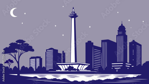 Monas National Monument Skyline Illustration in Monochromatic Dark Night Scene with Crescent Moon and Stars jakarta skyline vector