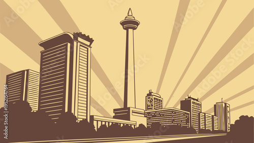 Sepia Tone Skyline View of Prominent Monumental Tower Surrounded by Modern Architecture and Cityscape Elements jakarta skyline vector