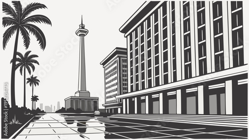 Monolithic City Landmark Tower Ascends Above Modern Commercial Architecture Palm Lined Boulevard jakarta skyline vector