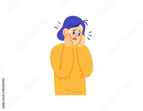 Illustration of a woman holding her cheek and looking shocked, panicked, and scared. She looks worried and frightened. Excessive anxiety. Thoughts, problems, mental. Flat style character