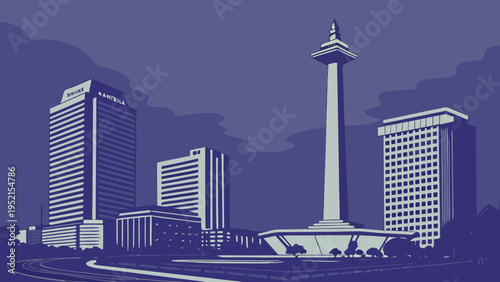 Monas Monument and Modern High Rise Buildings Silhouette Against Dark Evening Sky Cityscape jakarta skyline vector