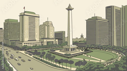Central City Landmark Monument Surrounded by Modern High Rise Buildings and Busy Urban Traffic Flow jakarta skyline vector