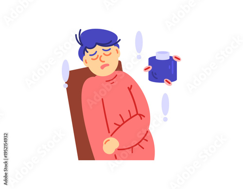 Illustration of a man unconscious in a chair due to a drug overdose. Unconscious due to taking the wrong medication or taking illegal drugs. Consuming too much medication. Flat style character