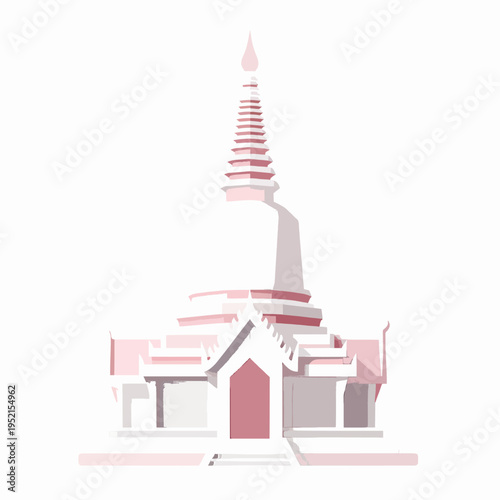 Minimalist flat vector illustration of a single white traditional Thai pagoda stupa, sacred Buddhist architecture for Songkran festival and Thai New Year celebration, isolated on white background.