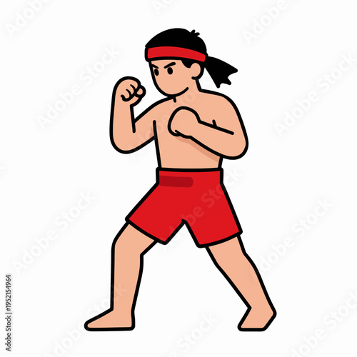 Flat vector illustration of a Southeast Asian man practicing Muay Thai in a fighting stance, Thai boxer wearing red shorts and Mongkhon headband, professional athlete, isolated on white background.