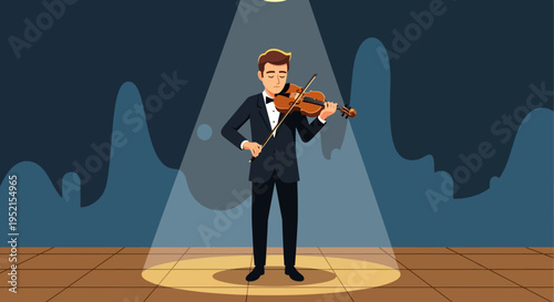 Man playing violin on stage spotlight.