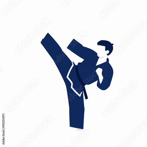 A single Japanese male karate master performing a high side kick in a minimalist flat vector style, athlete in traditional white gi practicing martial arts for fitness and discipline concept.