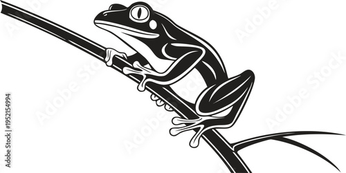 Stylized black and white vector illustration of a tree frog or toad with large eyes clinging to a diagonal branch, isolated on a clean white background, ideal for logos or graphic design.