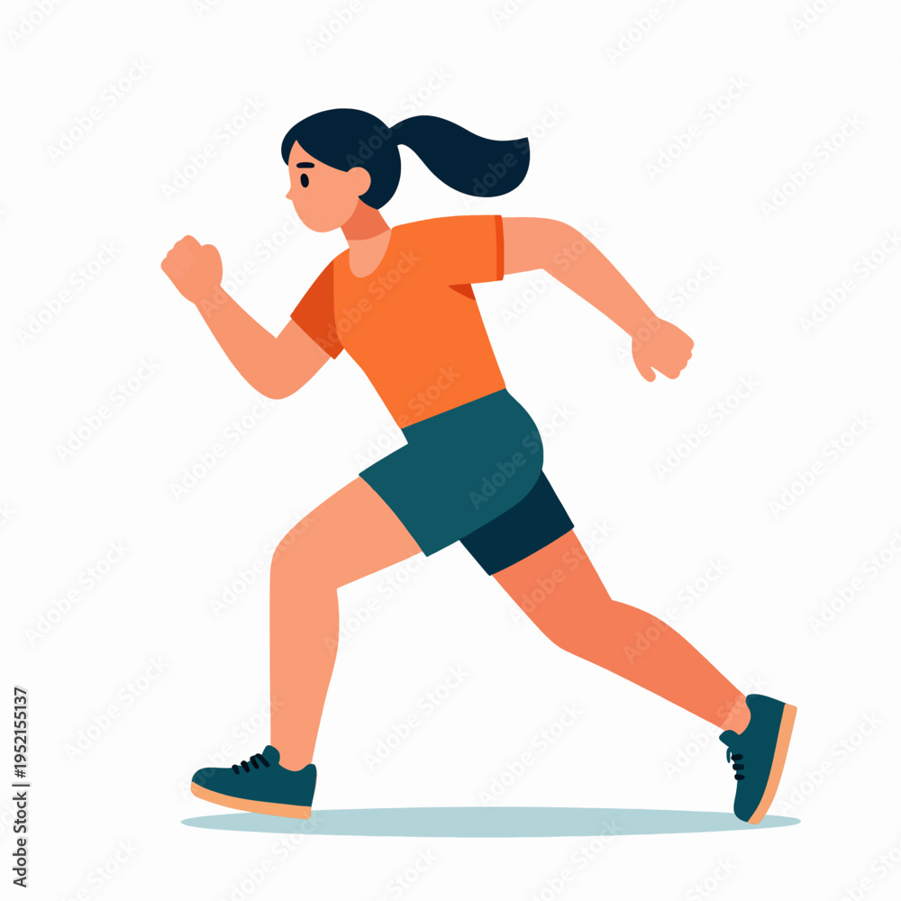 Fototapeta premium A single East Asian female sprinter in a dynamic running pose, wearing athletic clothing, performing a high-speed dash outdoors during a bright morning, expressing a focused and determined mood.