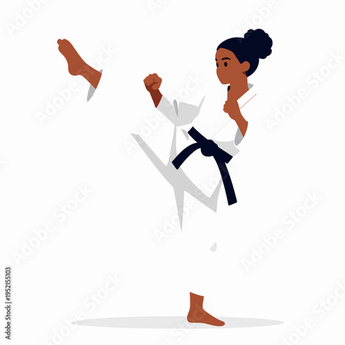 Black woman karate expert performing a high kick in a white gi, professional martial arts training, athletic African American female athlete