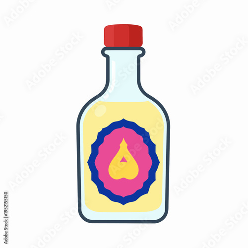 Traditional Thai aromatic perfume water bottle called Nam Ob with a red cap and ornate label, used for Songkran festival and Thai ceremonies, flat vector illustration isolated on white background