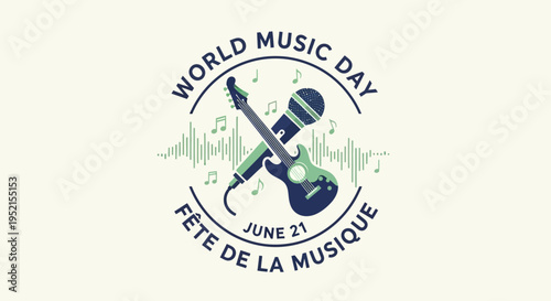 Music Day Guitar Microphone Logo Design.