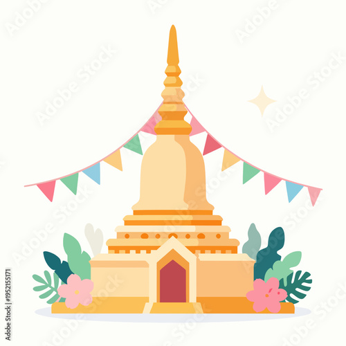 Flat vector illustration of a traditional Thai sand pagoda decorated with colorful flags and flowers for Songkran festival, Southeast Asian cultural symbol isolated on white background.