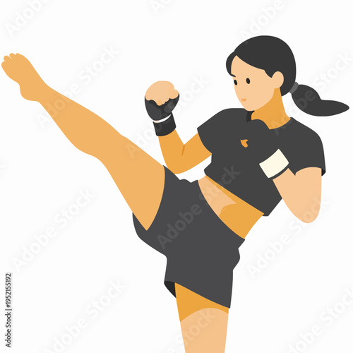 Muay Thai Female Fighter Kick. A professional Southeast Asian woman athlete practicing martial arts in a gym. She is wearing traditional Muay Thai shorts and wraps, performing a high roundhouse kick.