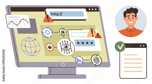 Cybersecurity, identity verification, online safety, phishing awareness, data privacy, fraud prevention. Computer monitor showing warning icons and webpage elements. Cybersecurity and identity