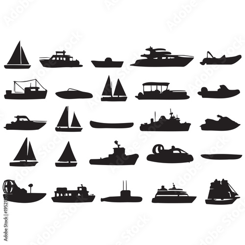 Collection of black boat and ship silhouettes watercraft