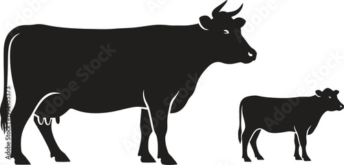 Mother cow and calf silhouette with black and white