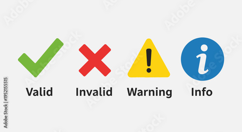 Iconic symbols representing valid invalid warning and information concepts
