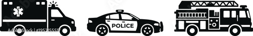 Emergency Vehicles Icons Set Vector Flat Illustration of Ambulance Police Car and Fire Truck Symbols