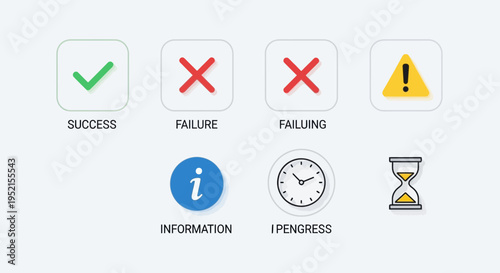 Illustrated icons showing status confirmation rejection pending and processing