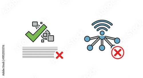 Network connection icons with check and cross marks against gray background