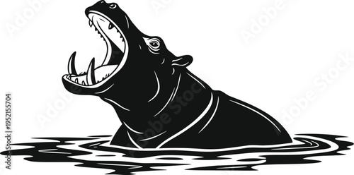 Aggressive Black Hippopotamus Vector Illustration with Open Mouth and Large Tusks Emerging from Water, Ideal for Wildlife and Nature Designs