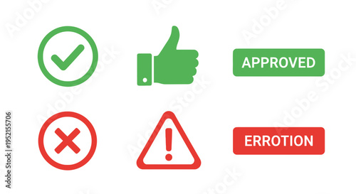 Set of approval and error icons including checkmarks thumbs up and warning signs