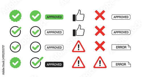 Set of approval and rejection icons and text elements in flat style