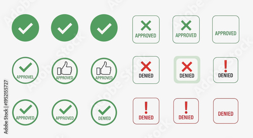 Set of approval and rejection icons in green and red variations