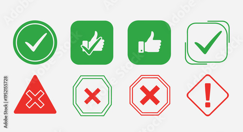 Set of approval and rejection icons in green and red colors