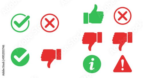 Set of approval and rejection icons with check marks and thumbs up symbols