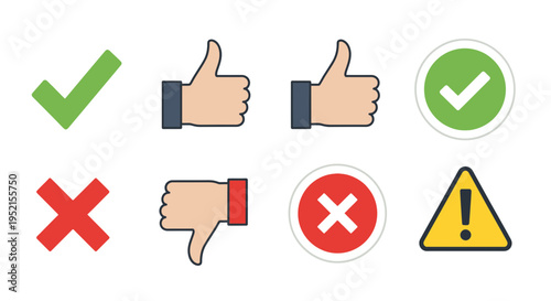 Set of approval and rejection symbols and icons with checkmarks and thumbs up