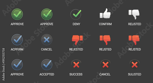 Set of approval and rejection icons with checkmarks and thumbs up or down symbols