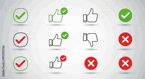 Set of approval and rejection symbols on a light background