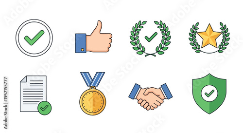 Set of approval icons checkmarks thumbs up handshake and medals