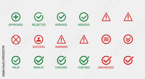 Set of approval icons in green and red for web design and business concepts