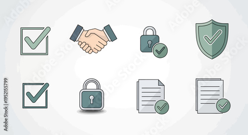 Set of business icons check mark handshake lock and shield symbols