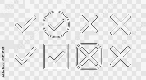 Set of check marks and crosses in different styles on transparent background