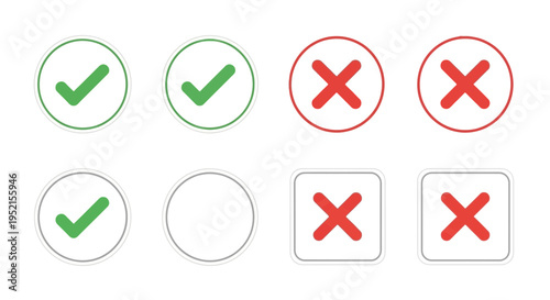 Set of checkmarks and cross marks in different styles isolated