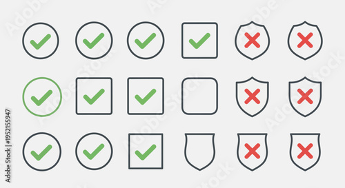 Set of checkmarks and cross icons in various shapes and styles