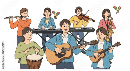 Musicians playing various musical instruments together.
